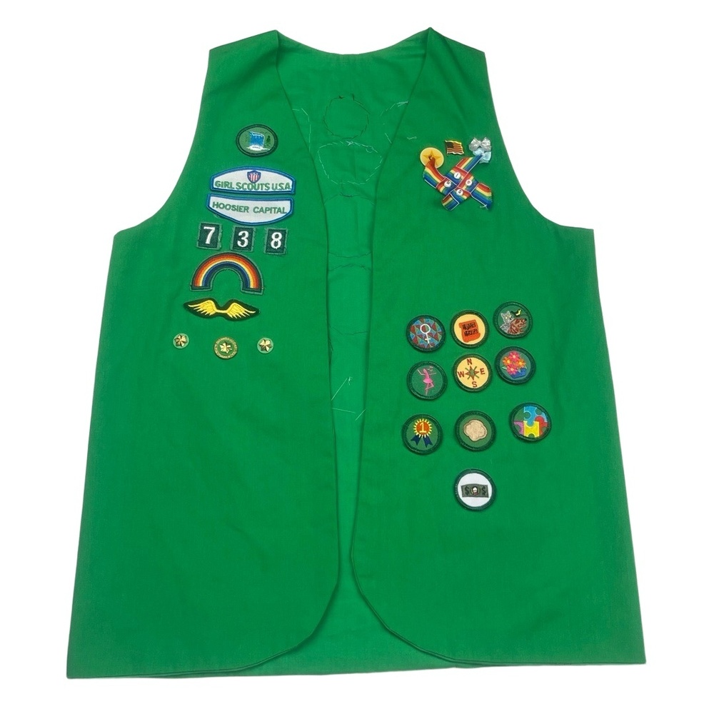 Retro Girl Scouts USA L Vest Green Official Patches Hoosier Capital Collectible